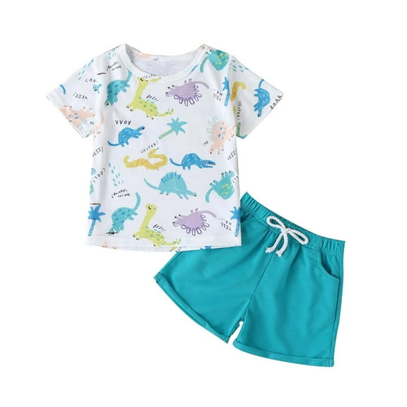 Fesfesfes Summer Boy Cartoon Dinosaur Print Short-sleeved T-shirt Shorts Two-piece Suit