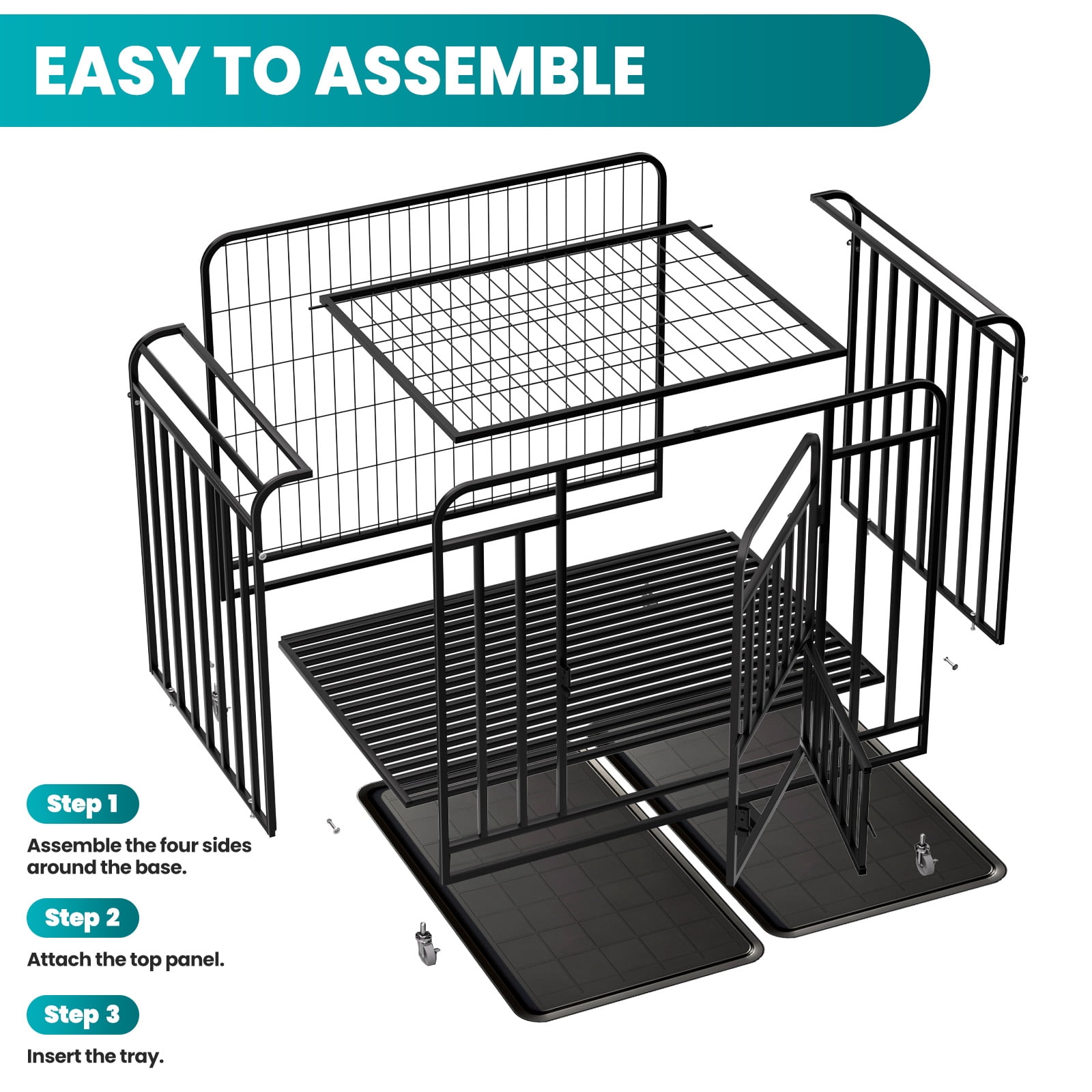Heavy Duty 42 Inch Dog Crate Cage, Easy to Clean, Dog Kennel with 4 Lockable Wheels, Dog Crates for Indoor Outdoor Pet Housing
