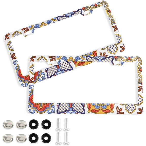 Coolnut Mexican Talavera License Plate Frames 2 Pack, Waterproof Aluminum Alloy Car Tag Holder 2 Holes License Plate Covers with Screw Caps Auto Accessories