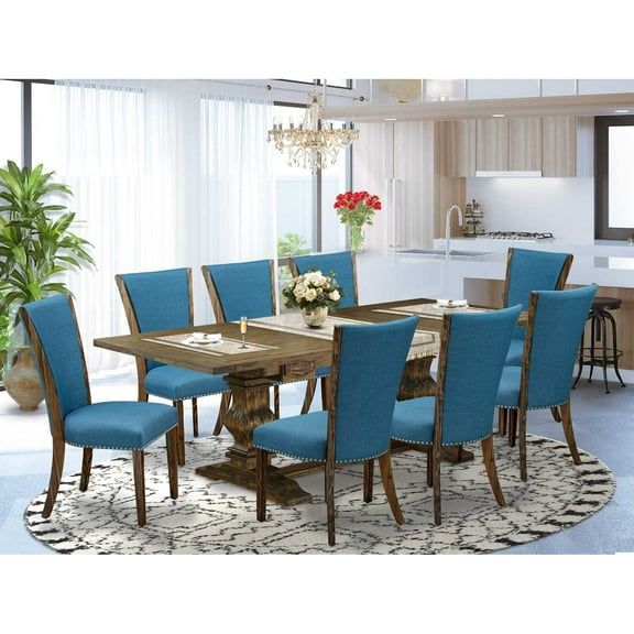 East West Furniture LAVE9-77-21 9Pc Kitchen Table Set Contains a Dining Table and 8 Parsons Dining Chairs with Blue Color Linen Fabric, Distressed Jacobean Finish