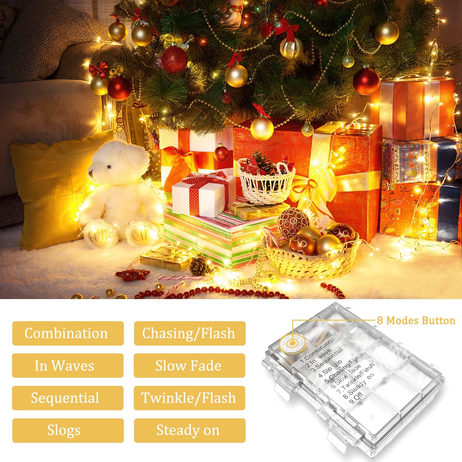 GooingTop Led Christmas Lights Outdoor Battery Operated,42.6ft 130LED Fairy Lights Waterproof with 8Modes,Twinkle Lights for Party Patio Christmas Decorations Outdoor(Warm White) - image 3 of 6