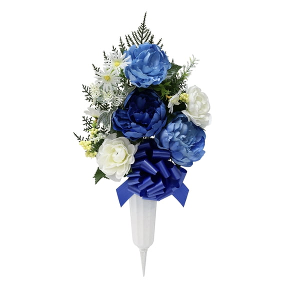 19.5-inch Artificial Silk Blue Peony Mixed Cemetery Small Flat Vase, for Indoor/Outdoor Use, by Mainstays