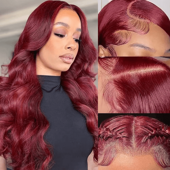 99j Burgundy Lace Front Wigs Human Hair Glueless Wine Red Colored Body Wave Wigs Pre Plucked with Baby Hair 180 Density 13x6 Transparent Frontal Wigs for Women