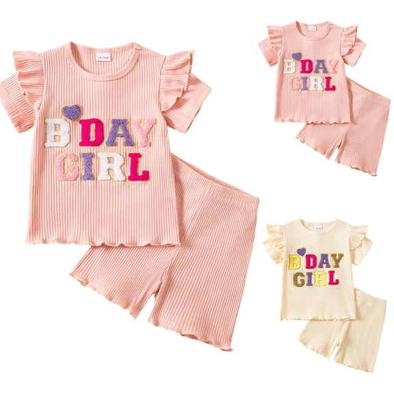 larppty Toddler Baby Girl Birthday Outfit Donut Birthday Girl Shirt Ruffle Sleeve T-shirt Top Shorts Set Cute Summer Clothes(Beige, 4-5 Years)