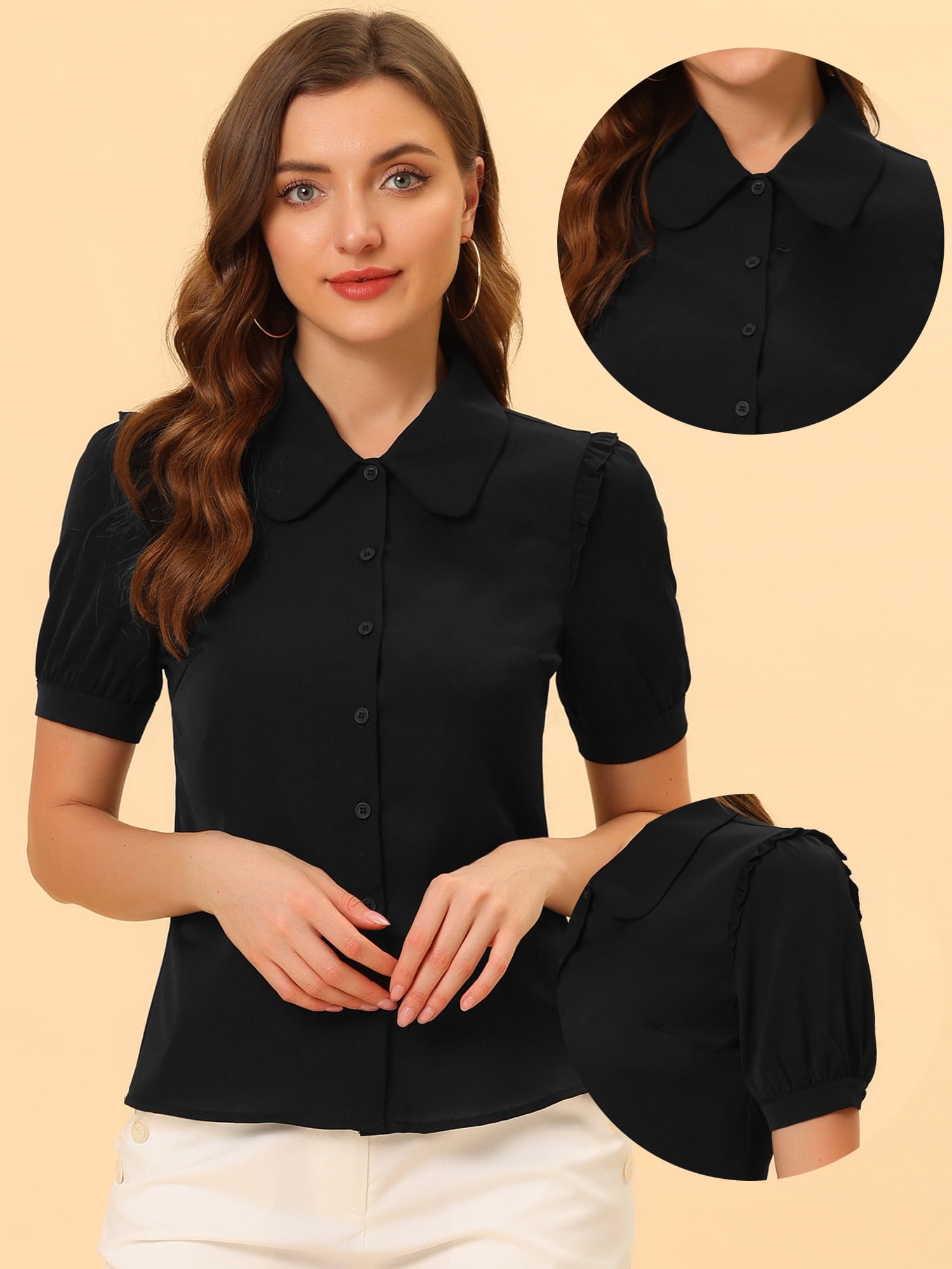 DARING DIVA Women's Peter Pan Collar Short Sleeve Button Front Shirts L Black