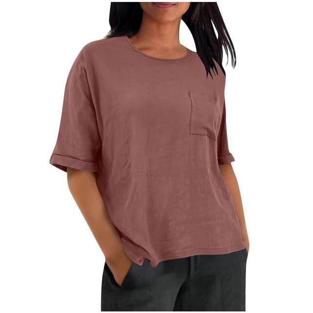 Pisexur Womens Tops Confortable Couleur Unie Coton Lin Womens Blouses Classique Décontracté Manches Courtes Col Rond Basique Tops Léger Ample Sortie Tops P-3TG Rouge