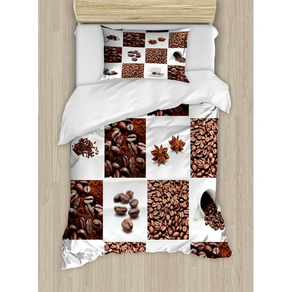 Coffee Duvet Cover Set, Coffee with Roasted Beans Concept Collage Hearts Stars Espresso Latte Mugs Aroma, Decorative 2 Piece Bedding Set with 1 Pillow Shams, Twin Size, Brown White, by Ambesonne