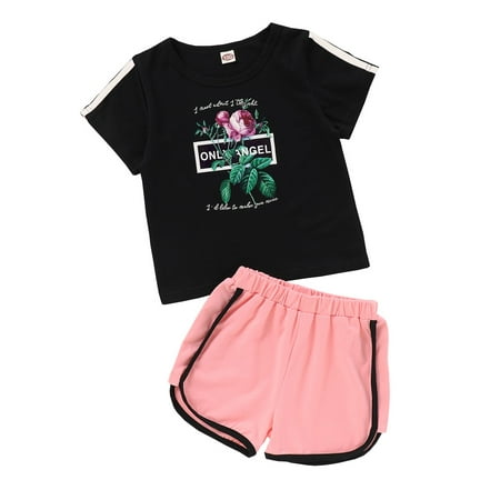 

3T Toddler Baby Girls Outfits Short Sleeve Rose Print T-shirt Top +Solid Color Sport Style Shorts 2Pcs Clothes Set 3-4T Black