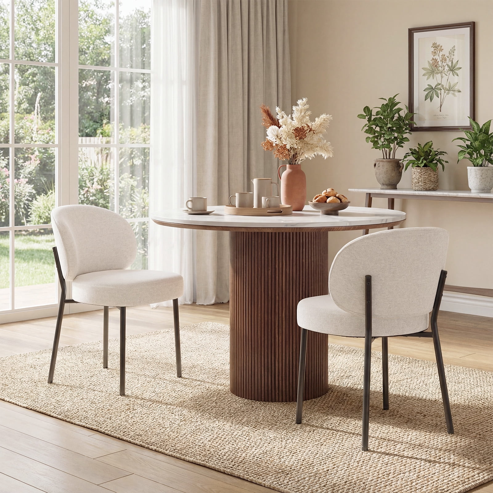 Set of 4 Upholstered Modern Dining Chairs, Mid Century Kitchen Chairs with Curved Backrest and Metal Legs for Dining Room, Living Room, Beige