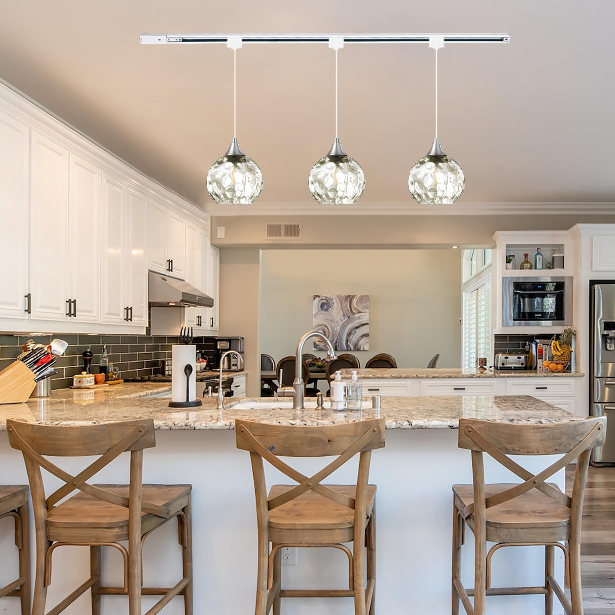 Kiven J-Type track lighting pendants Dimmable,Modern J track pendant lights with Amber Glass Globe,Decorative Track Lighting Fixture for Kitchen Hallway Restaurant Shop(3-Light)