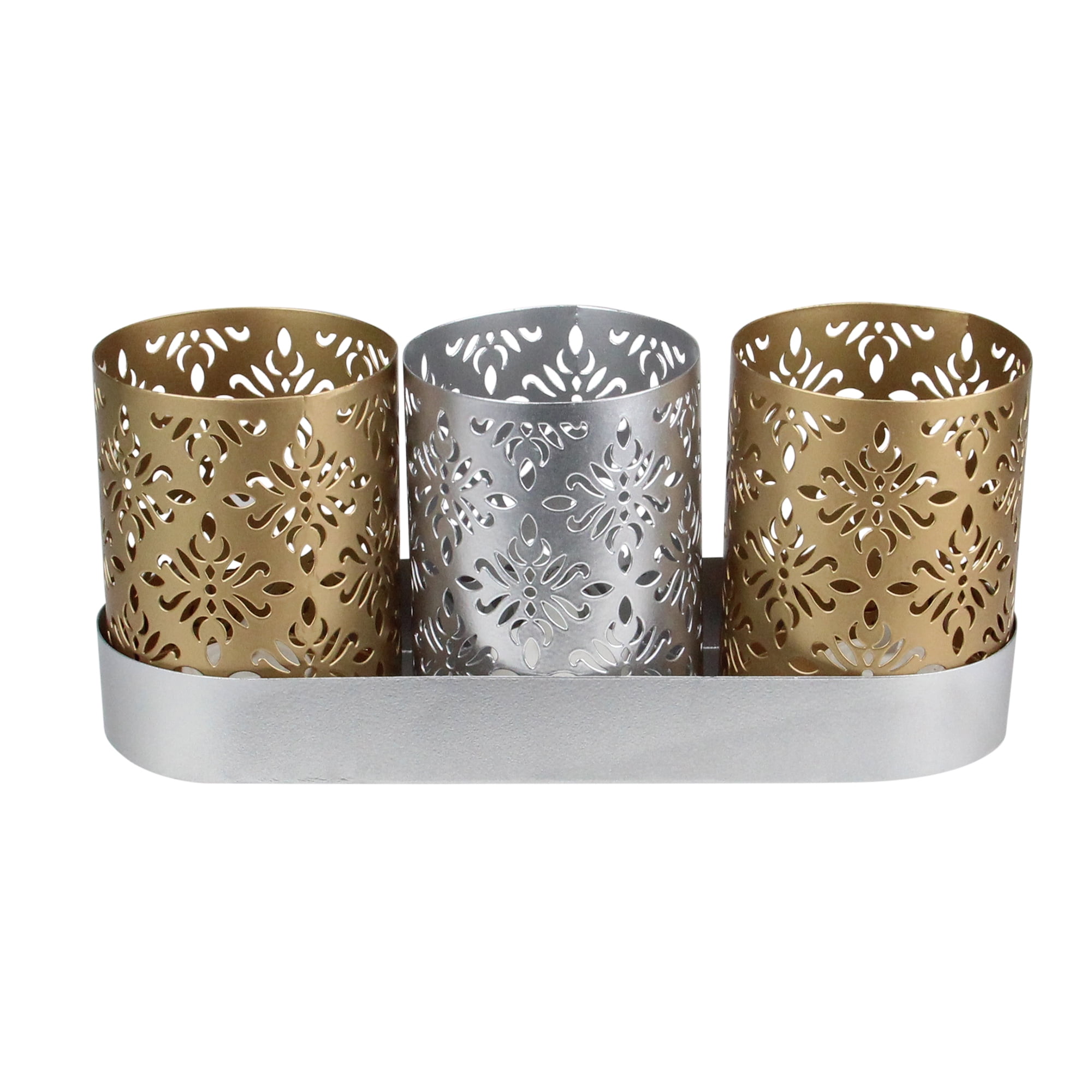9" Metallic Silver and Gold Trio Votive Floral Candle Holders with Tray
