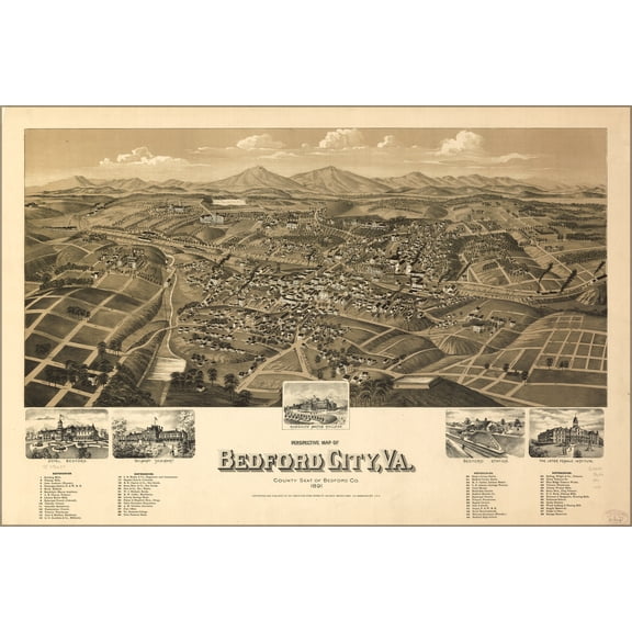 24"x36" Gallery Poster, Perspective map of Bedford City, Virginia 1891