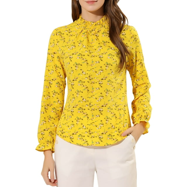 Blusa floral de manga larga con cuello fruncido y volantes para mujer Inspire Chic M Amarillo