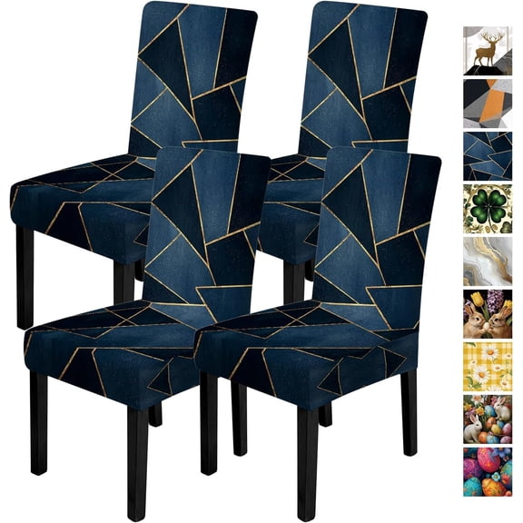 Blue Gold Geometric Dining Chair Covers Set of 4, Modern Elegant Stretch Slipcovers, Washable Anti-Wrinkle Universal Fit Chair Protectors for Kitchen Dining Room Living Room Office Decor