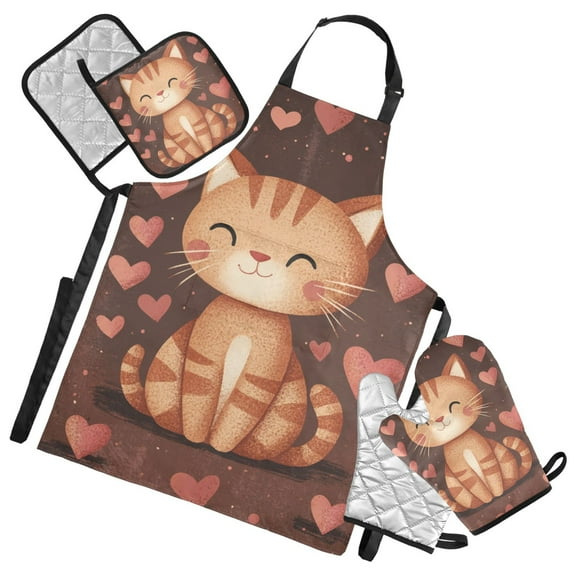 Brown Cat Full Love Oven Mitts and Pot Holders with Chef Apron Set 5 Pcs Kitchen Cooking Set
