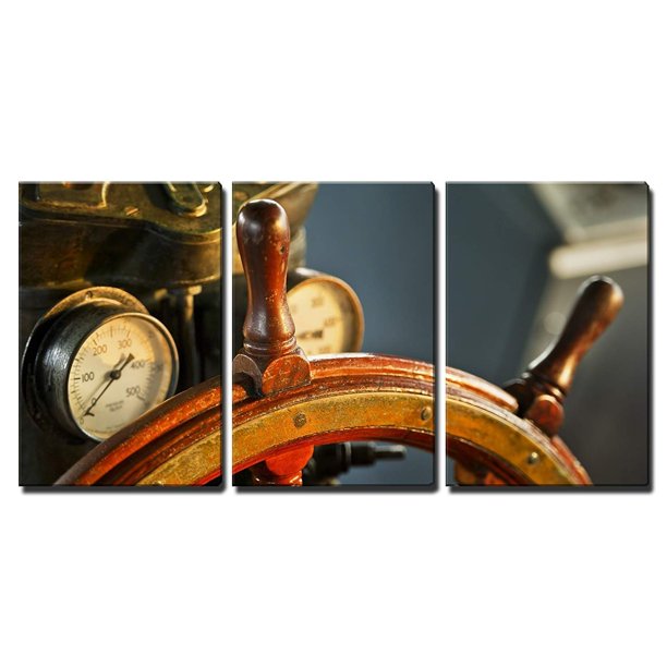 Wall26 3 Piece Canvas Wall Art Wood Steering Wheel in Big Ship Modern Home Decor Stretched