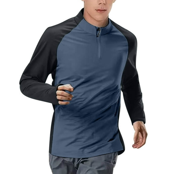 Stamzod Mens Workout Shirts Fashion Patchwork Summer Lightweight Stretch Running Shirts Casual Activewear Plus Size Long Sleeve Shirts for Men Dark Blue L