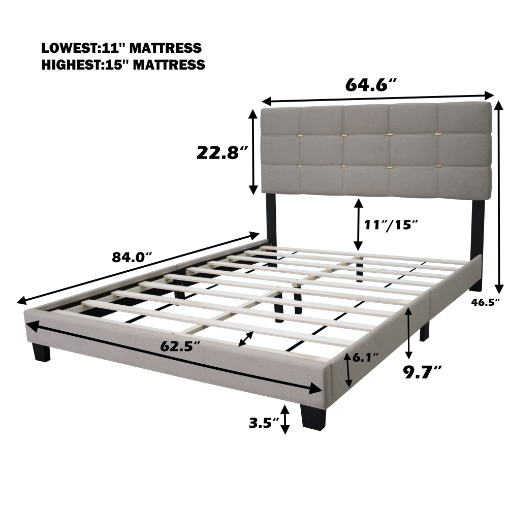 BEIGE QUEEN SIZE ADJUSTABLE LINEN FABRIC UPHOLSTERED BED FRAME VINTAGE COLLECTION COLOR FITS ANY ROOM