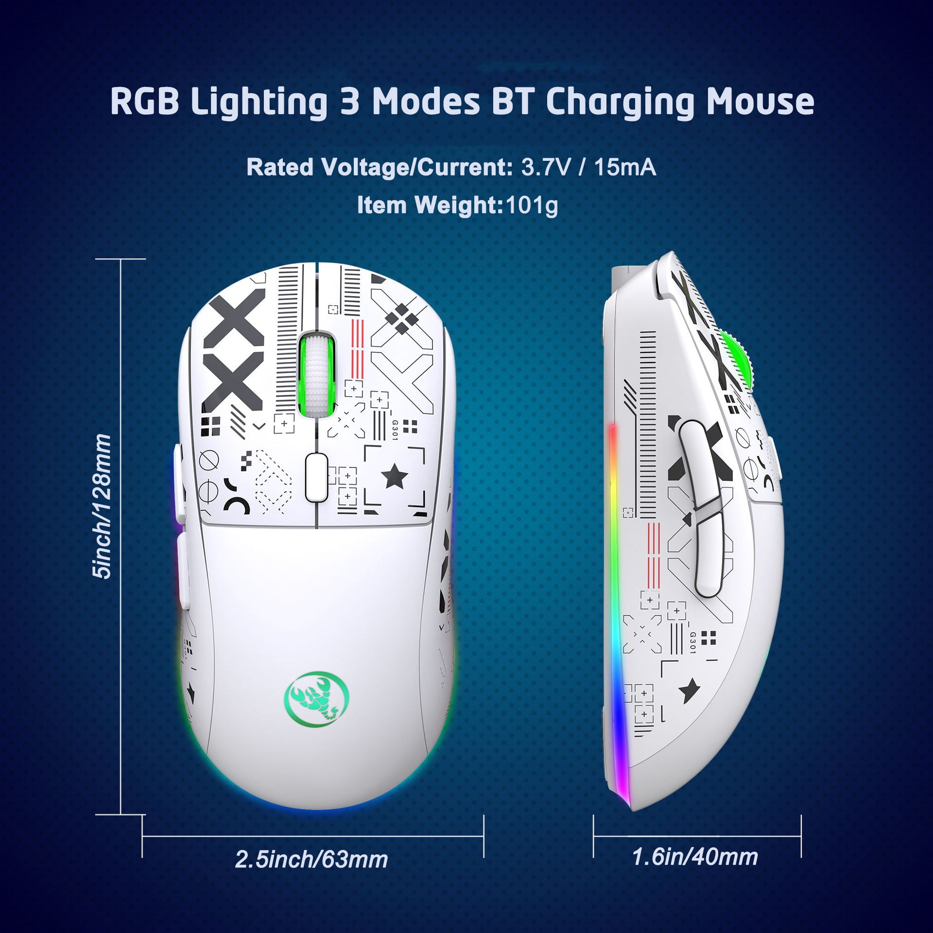 Bluetooth Mouse Multi-Device,Rechargeable Wireless Gaming Mice,3 Modes (BT5.0,BT3.0 and USB 2.4GHz),3600 DPI,12 Lighting Modes RGB Rainbow Backlit