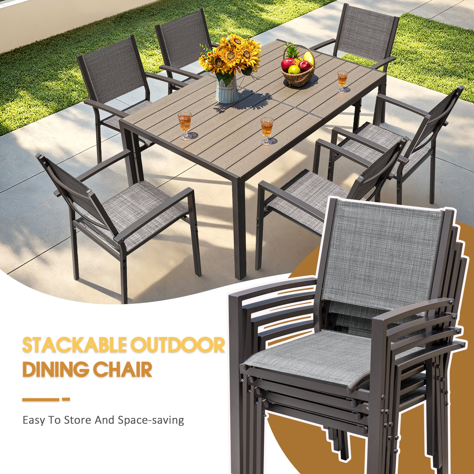 Devoko 7 Pieces  Outdoor Dining Set ,Patio Conversation Set Outdoor Furniture Set 6 Stackable Textilene Armchairs with Rectangular Table, Light Gray