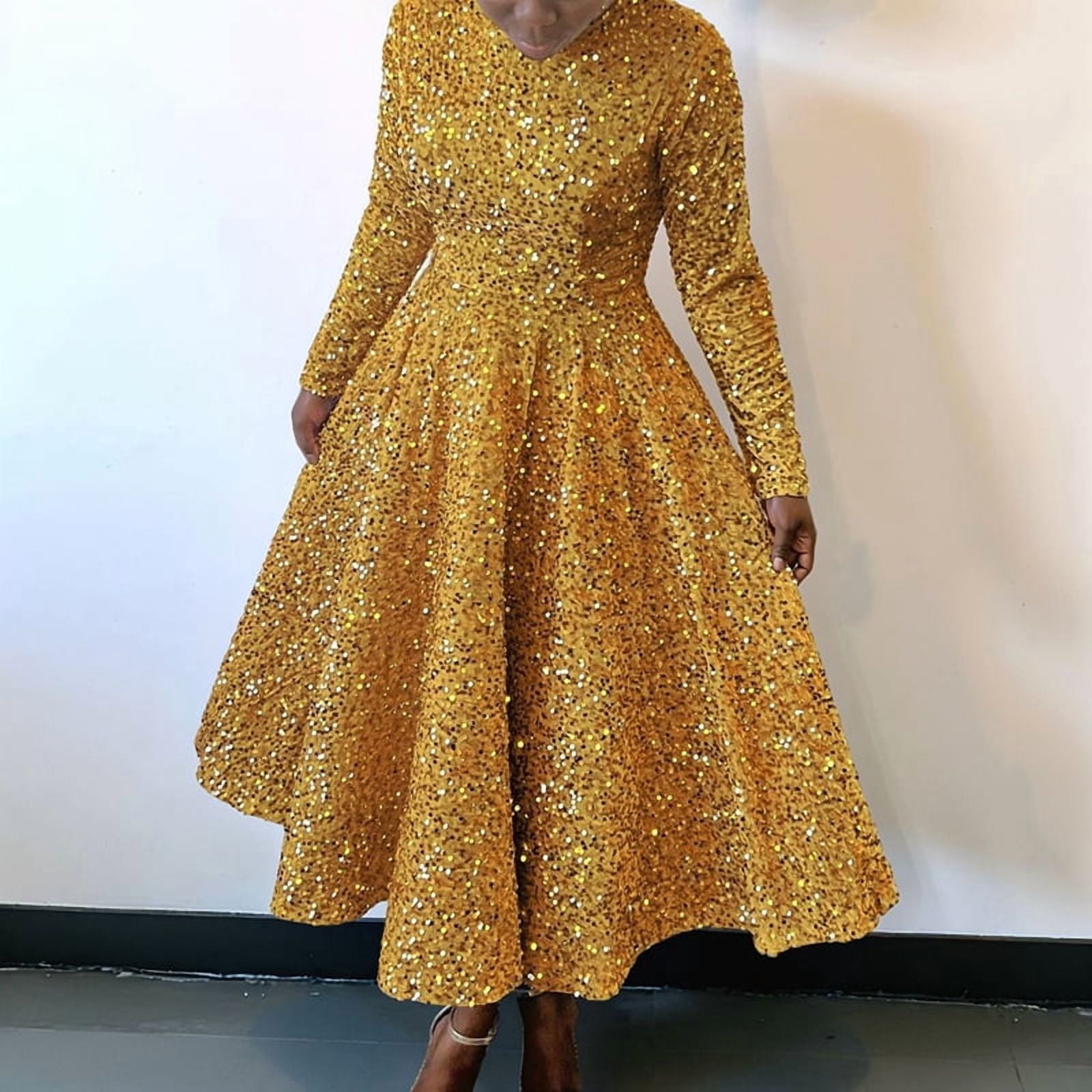 Women'S Sequin Dress Plus Size Long Sleeve A-Line Flared Party Cocktail Evening Shiny Maxi Dress Champagne L