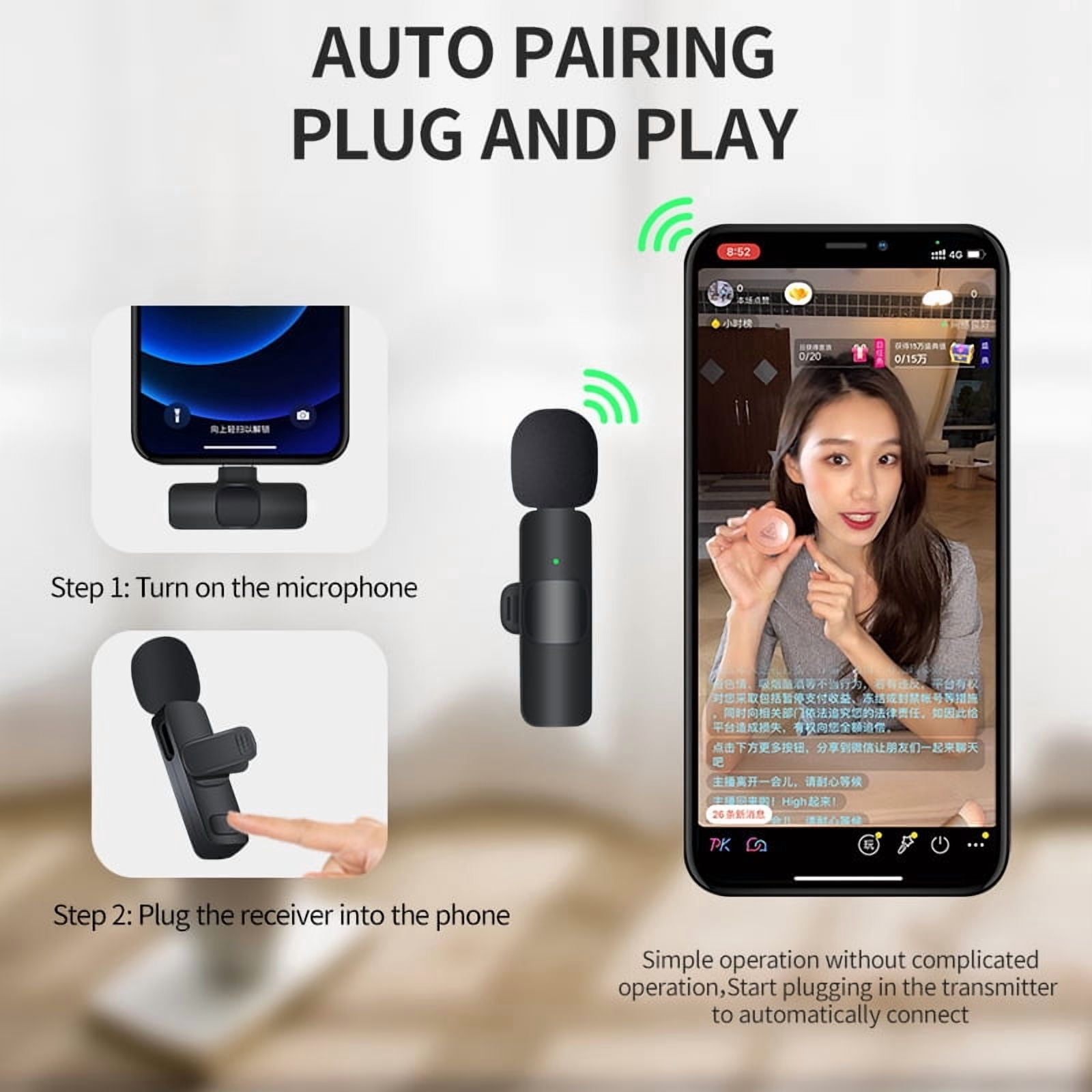 Wireless Lavalier Microphone 1-to-2 with Bluetooth - Smart Noise Cancelling Lapel Mic with Monitor & Reverb for Video Live Streaming, Dual Mic for 2-Person Recording