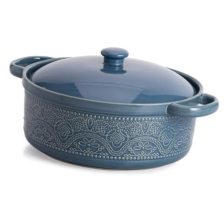 Highcool Lace Emboss Casserole Dish with Lid, 2 Quart Oven to Table Ceramic Round Serving Dish with Handles for Dinner and Party, Thanksgiving