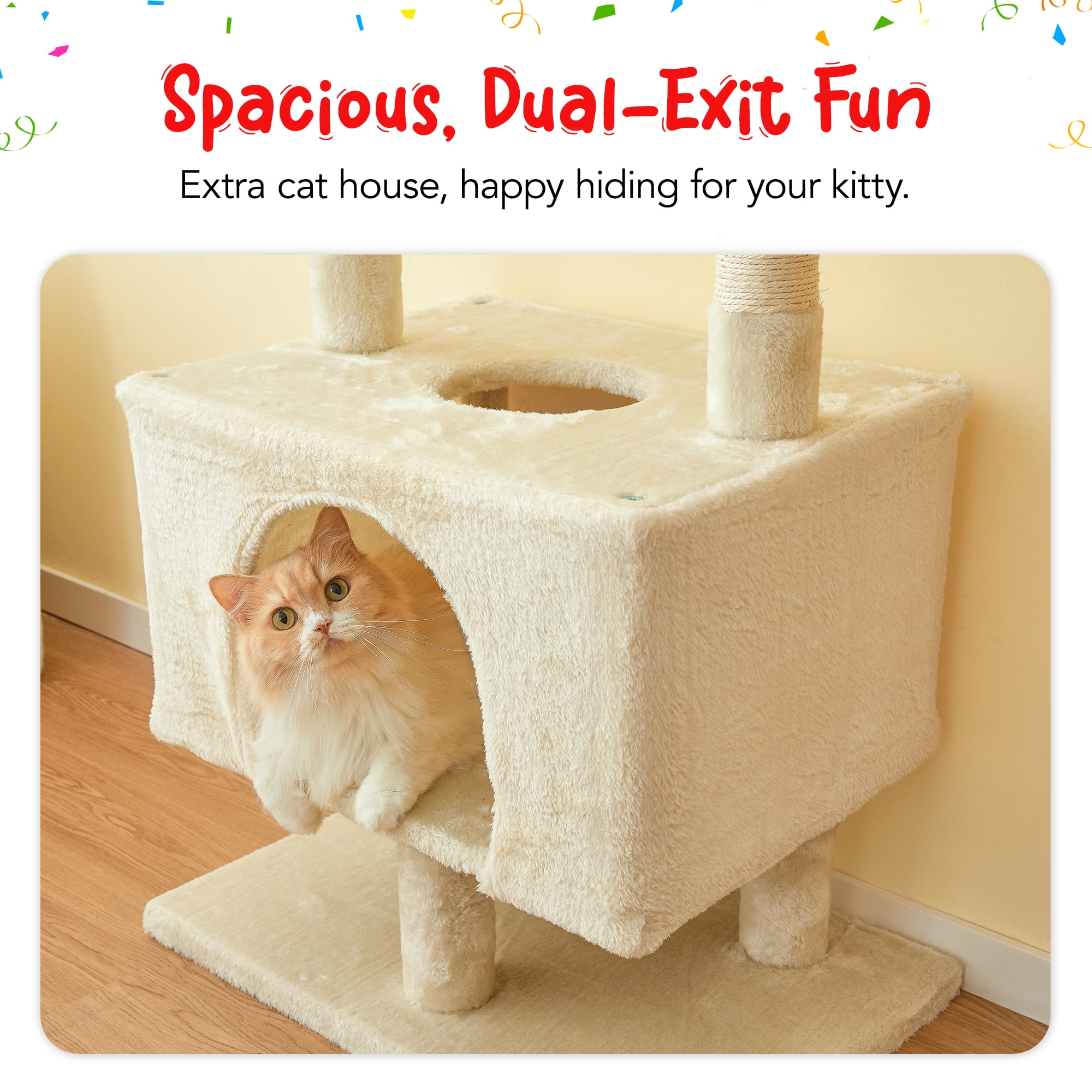 Furcato Cat Tree, Floor to Ceiling Cat Tower Adjustable Height [92.9-102.4 in=235-258cm], 7 Tiers Cat Climbing Play House, Beige