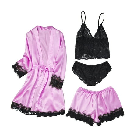 

Bras for Women Sticky Bra 4PCS Lingerie Suit Women Lace Patchwork Silk Satin Temptation Babydoll Underwear Underpants Shorts Sleepwear Nightgown Briefs Suit Strapless Bra Bras for Women Pink L