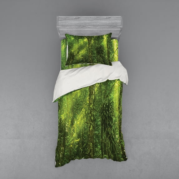 Ambesonne Green Bedding Set 3 Pcs, Sun Beams Tropic Forest, Twin, Green