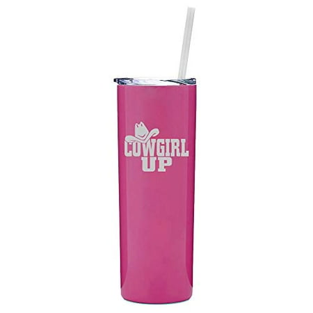 

20 oz Skinny Tall Tumbler Stainless Steel Vacuum Insulated Travel Mug With Straw Cowgirl Up With Hat (Hot Pink)