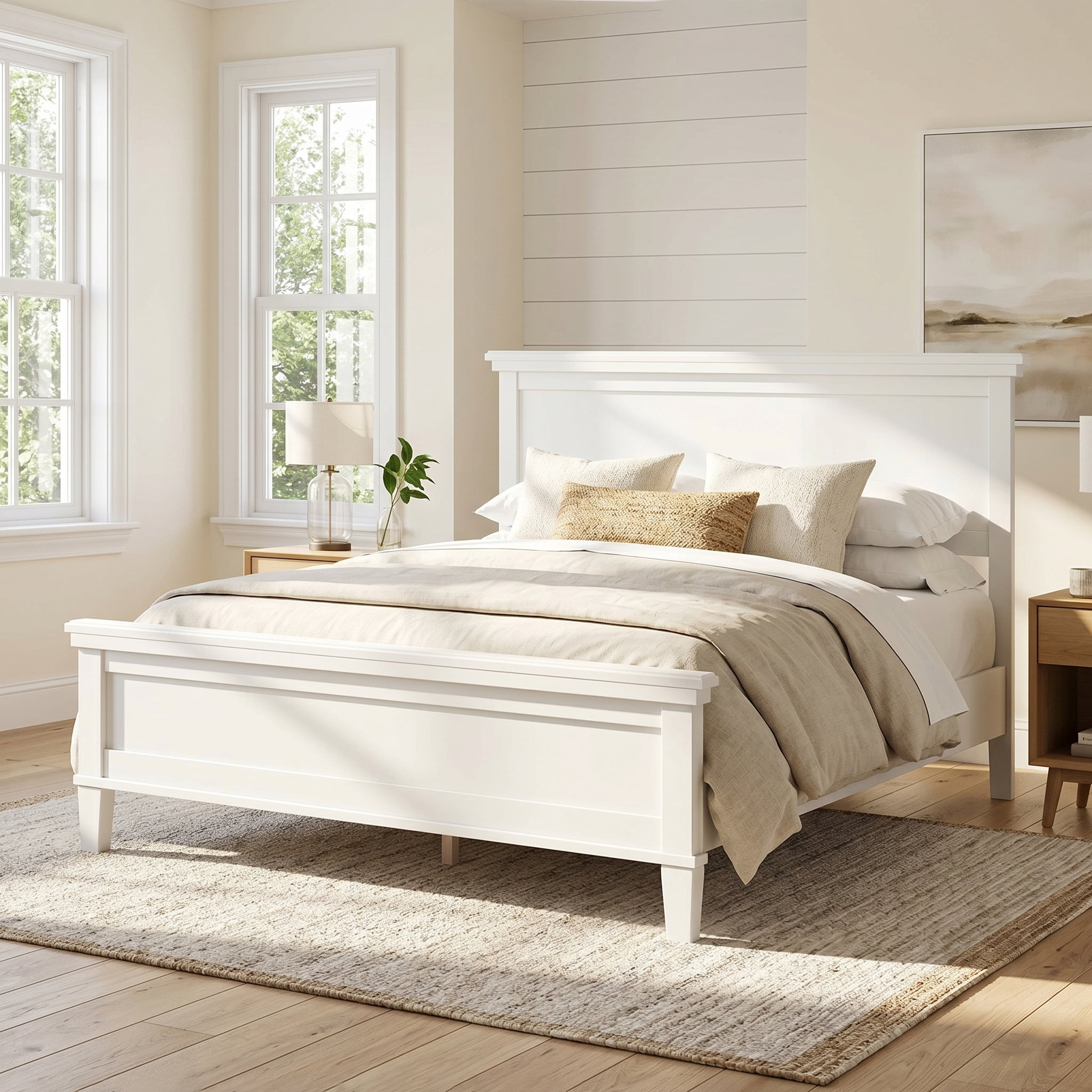Euroco Mid-Century Wood Queen Size Platform Bed with Headboard and Wood Slat Support, No Box Spring Needed, White