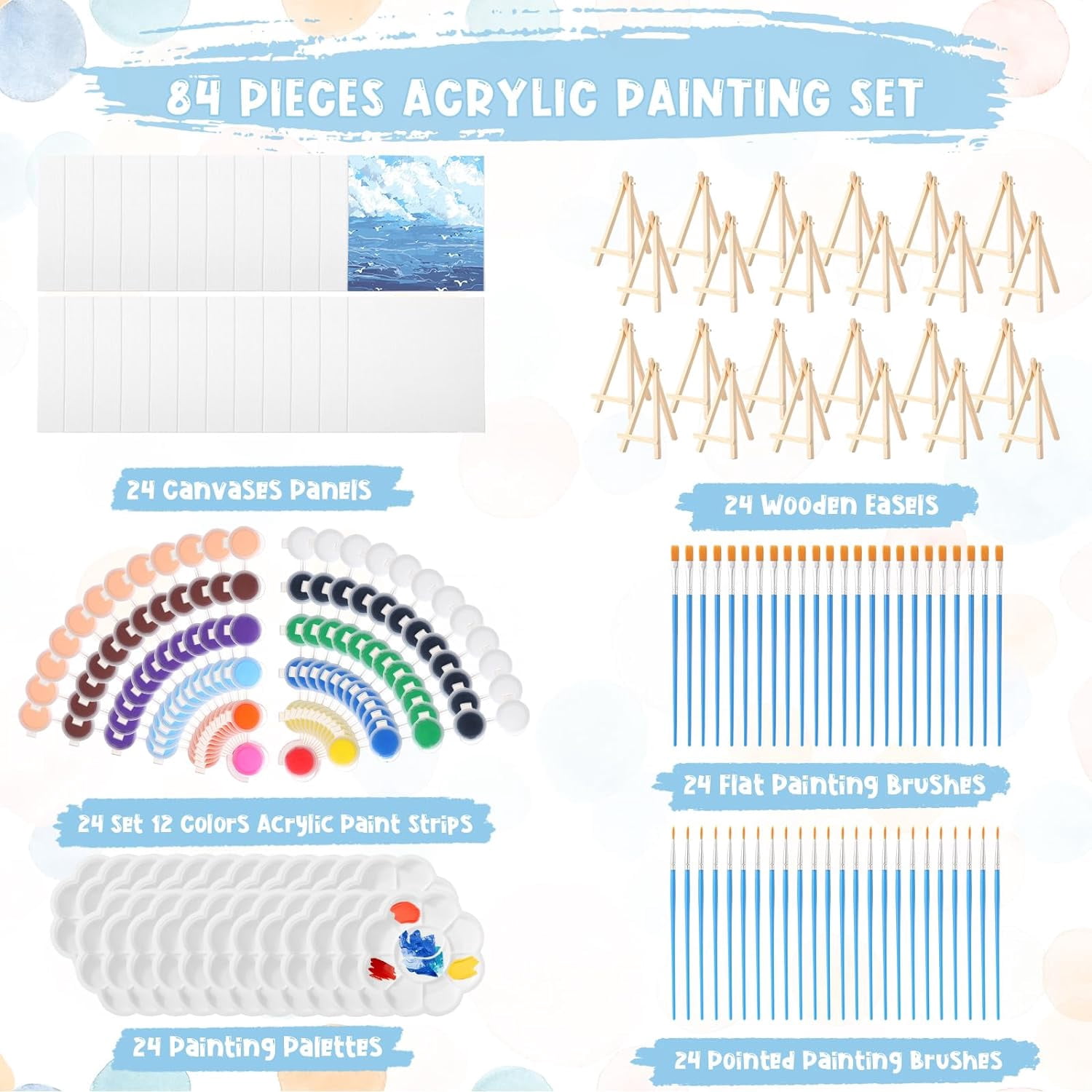 24 Set 6 x 6 Inch Canvas Boards and Easel for Painting, Acrylic Paint Strips, s, Brushes, Canvases Painting Kits for Kids Adults Artists Beginners Oil Acrylic Painting Party Favors