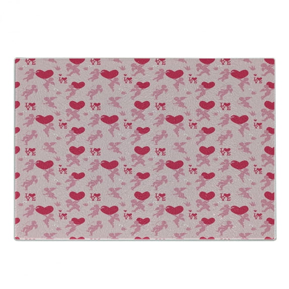 Love Cutting Board, Pattern with Silhouettes of Angel Heart Bird and Calligraphic Text Love Art Print, Decorative Tempered Glass Cutting and Serving Board, Small Size, Rose Pink, by Ambesonne