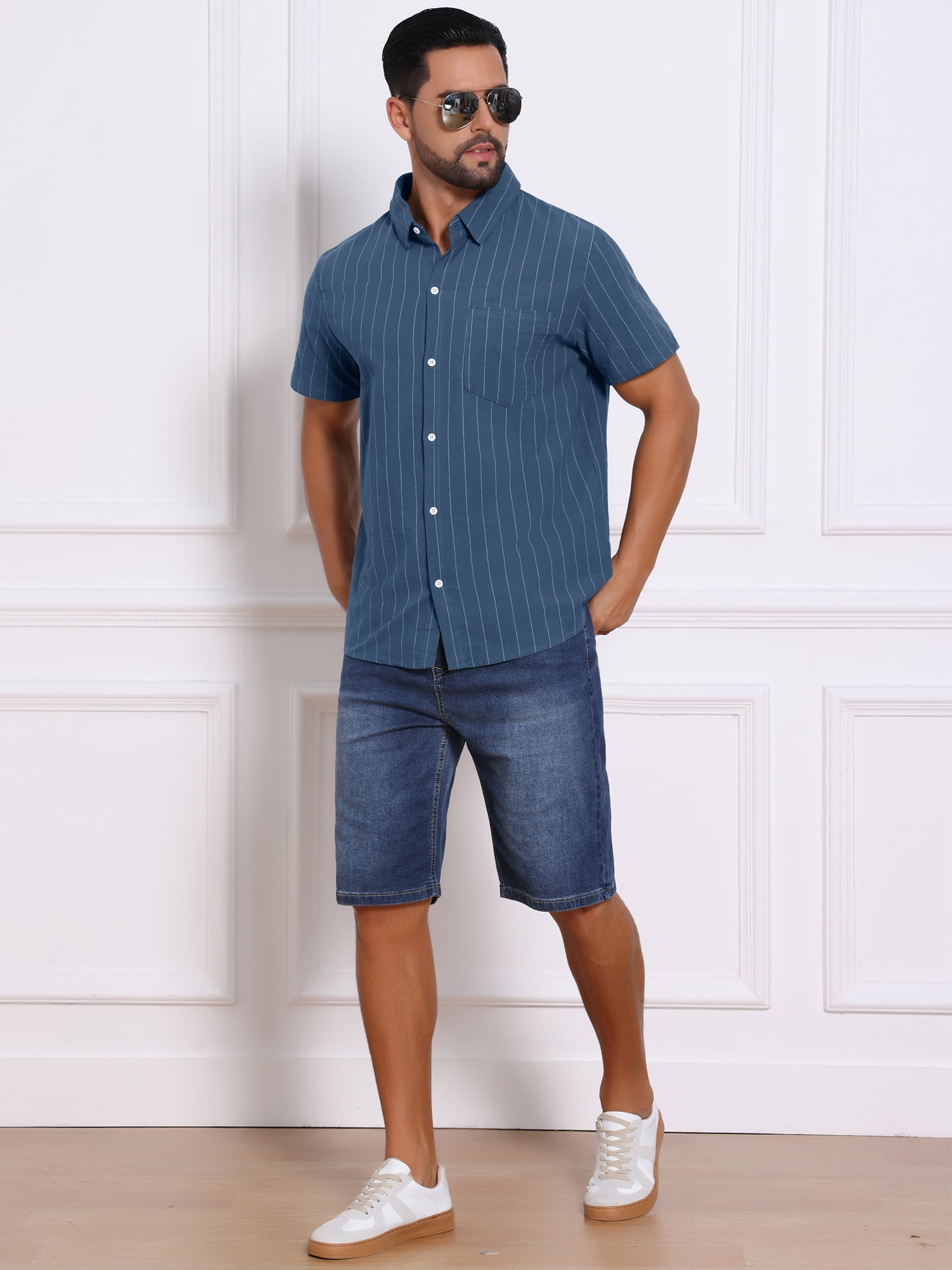 DARING DIVA Men's Point Collar Short Sleeve Button Down Stripes Shirts 3XL Dark Blue