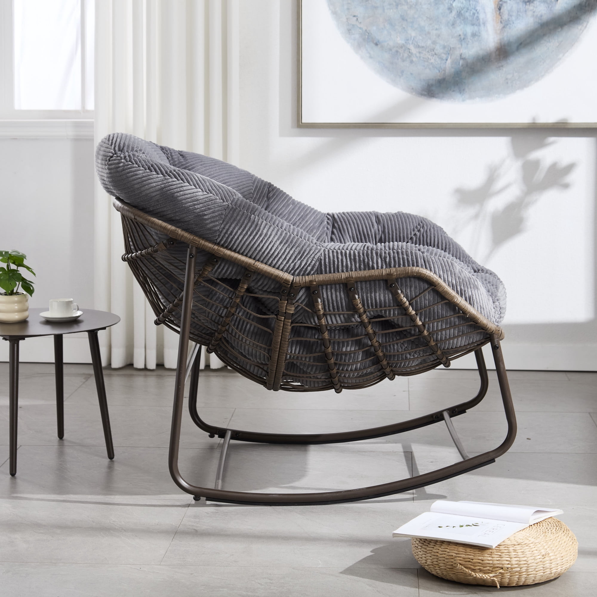Leumius Outdoor Rattan Rocking Chair, Padded Cushion Rocker Recliner Chair Outdoor for Front Porch Living Room Patio Garden, Grey