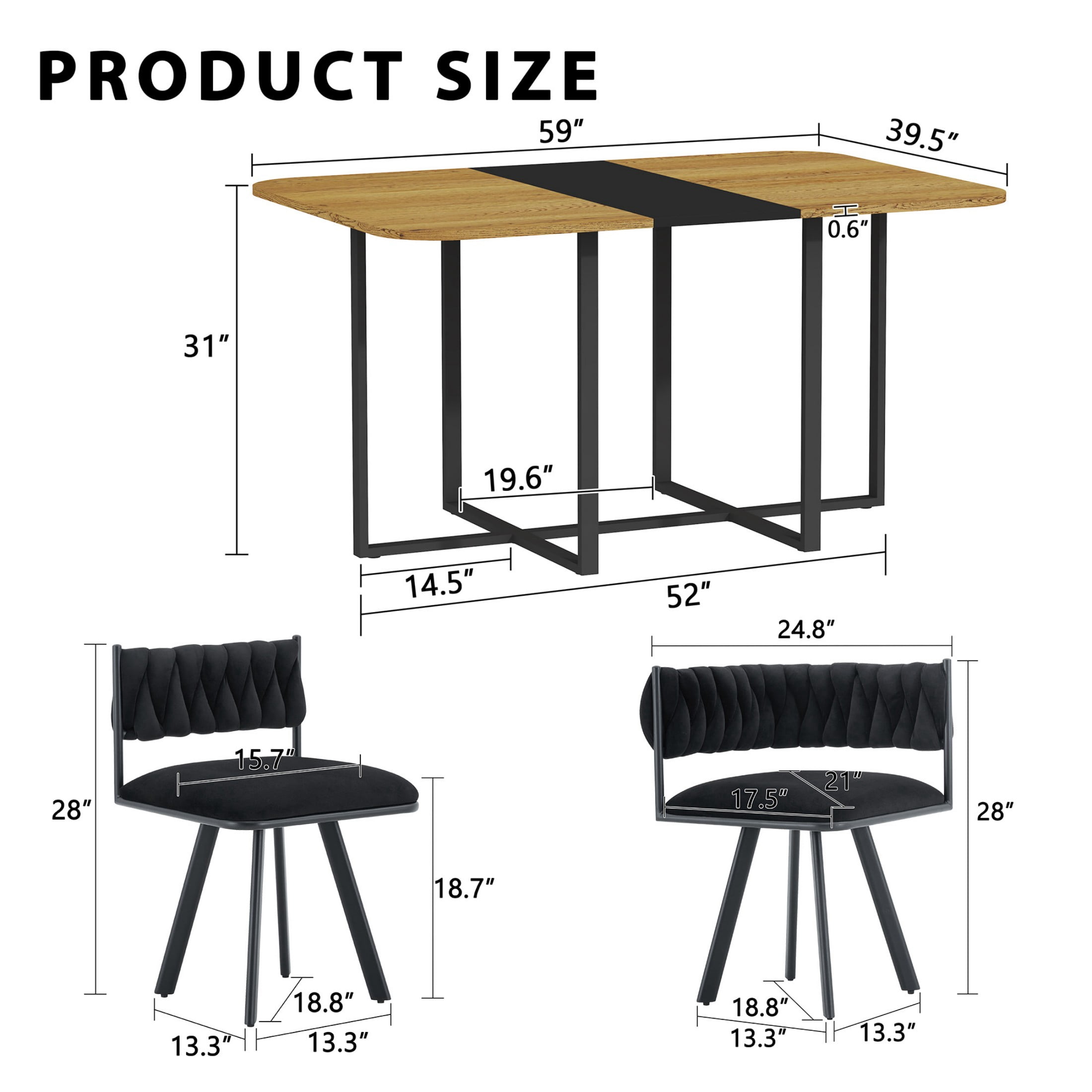 Alvantor 7-Piece Dining Set, Wood Grain Table & Black Velvet Chairs for Modern Small Spaces