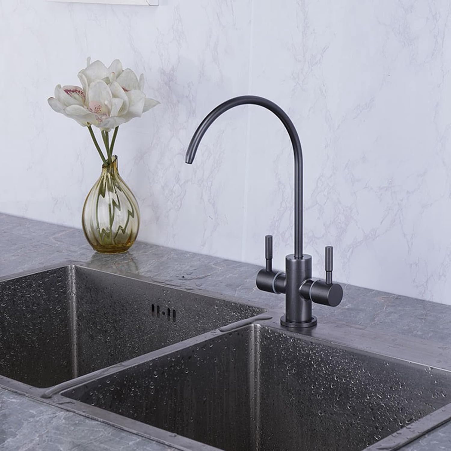 Kitchen Faucet Water Filter Swivel Single Cold Water Stainless Steel Single Hole Dual Outlet Water Purifier Faucets-Grey