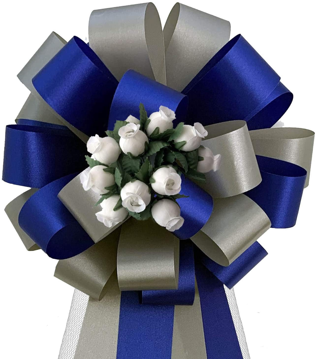 Royal Blue & Silver Pull Bows with Tulle Tails and Rosebuds - 8" Wide, Set of 6, Wedding, Christmas