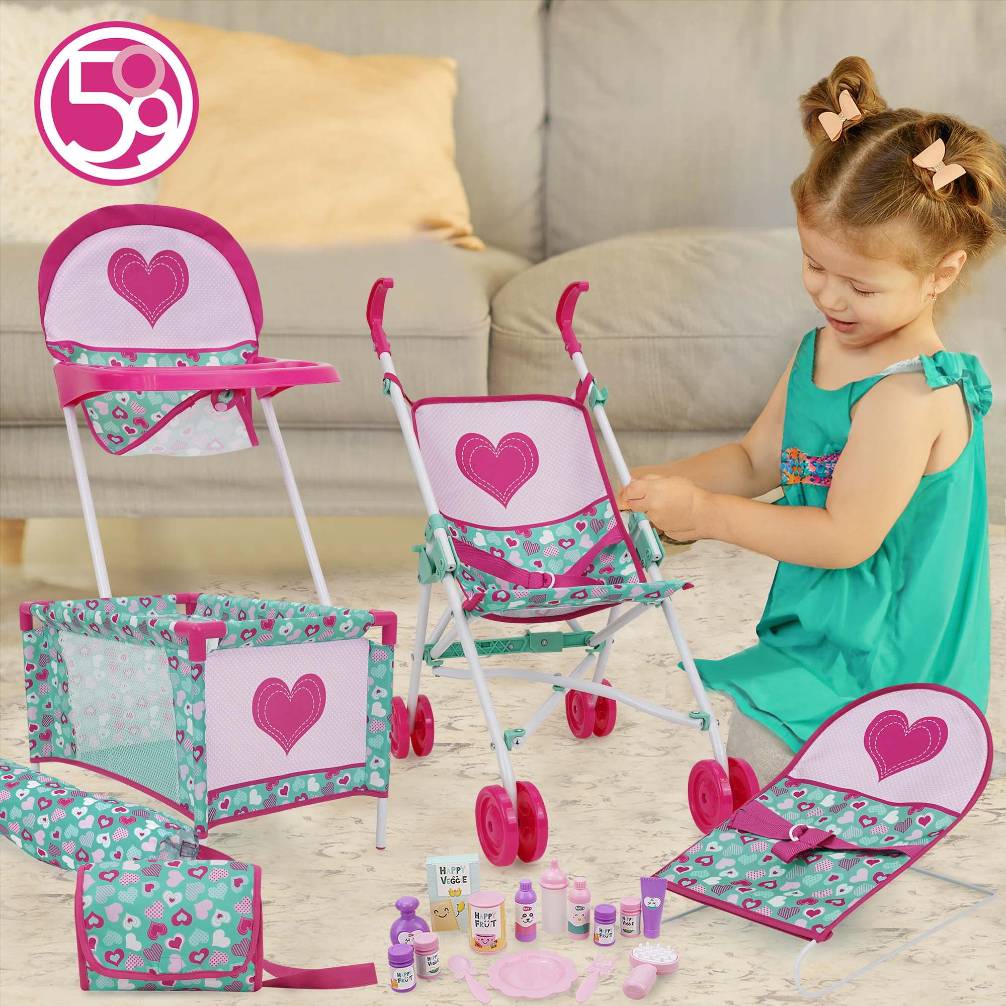 509 Crew: Mint Heart - Bouncer Doll Play Set - Pink & Green, Furniture & Care Set, Umbrella Stroller-Highchair-Play Pen-Purse-Toy Accessories, Kids 3+