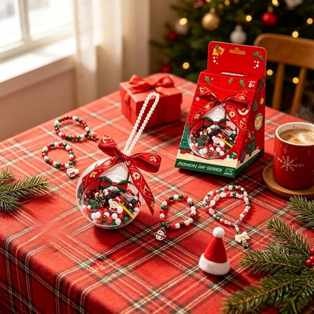 Christmas DIY Bead Bracelet Making Kit Holiday Jewelry Crafts Set Complete Bead Kit with Clear Hanging Ball for Christmas Tree Decor DIY Bracelet Making Set for Family Christmas Party Craft Activity