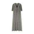 thumbnail image 5 of gakvbuo Linen Dresses For Women 3/4 Sleeves Roll Up Drawstring Front Pull Rope V Neck Tunic Dress Flowy A Line Maxi Dress Long Beach Dress, 5 of 7