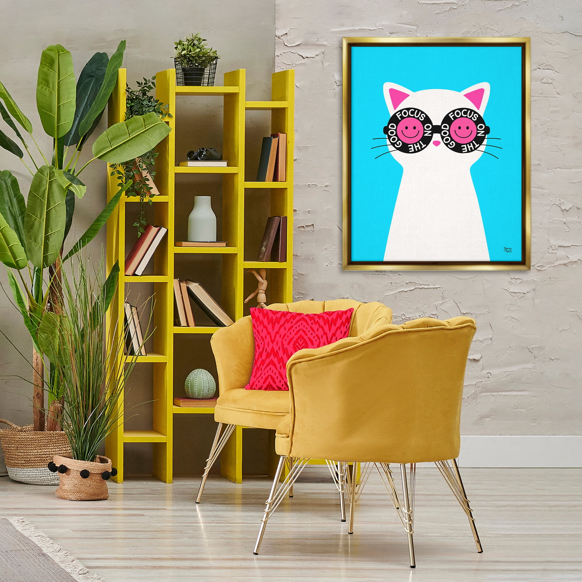 Stupell Industries Focus On Good Cat Animals Painting Gold Floater Framed Canvas Art Print Wall Art, 25 x 31