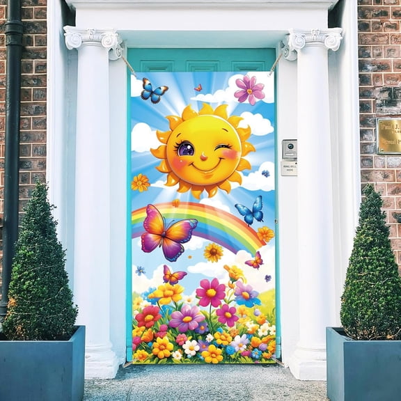 1 Pc Cartoon Style Sun Polyester Door Cover Sun Butterfly Rainbow Flowers Backdrop Banner Door Porch Sign otogray Background