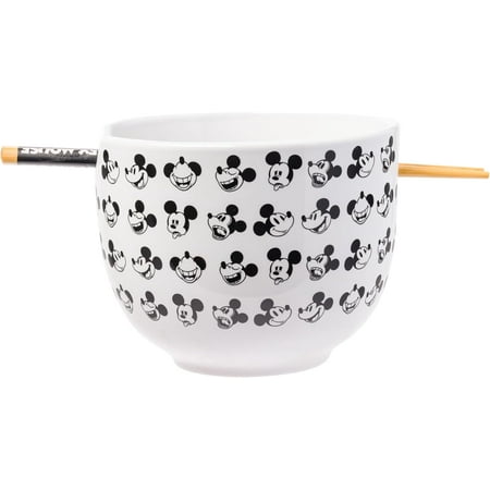 Silver Buffalo Disney Mickey Mouse Expressions Ceramic Ramen Noodle Rice Bowl with Chopsticks, Microwave Safe, 20 Ounces