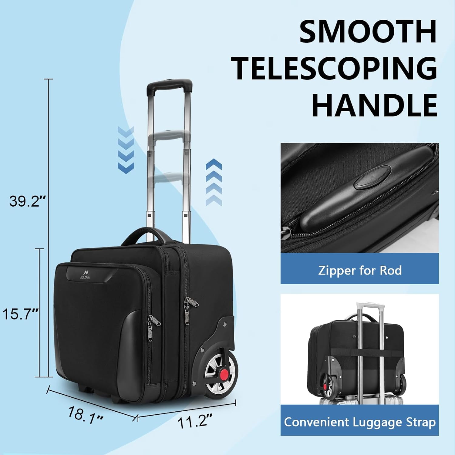 Matein Rolling Laptop Bag for Men, Water-resistant Briefcase with Big Wheels Fits up to 17.3inch Laptop, Black
