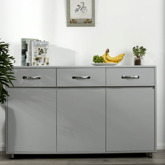 Storage Cabinet with Drawers and Shelves, Solid Wood Sideboard Table with 3 Doors and 4 Steel Tube Legs for Dining Room Living Room, Easy Assembly, Space Saving, Gray