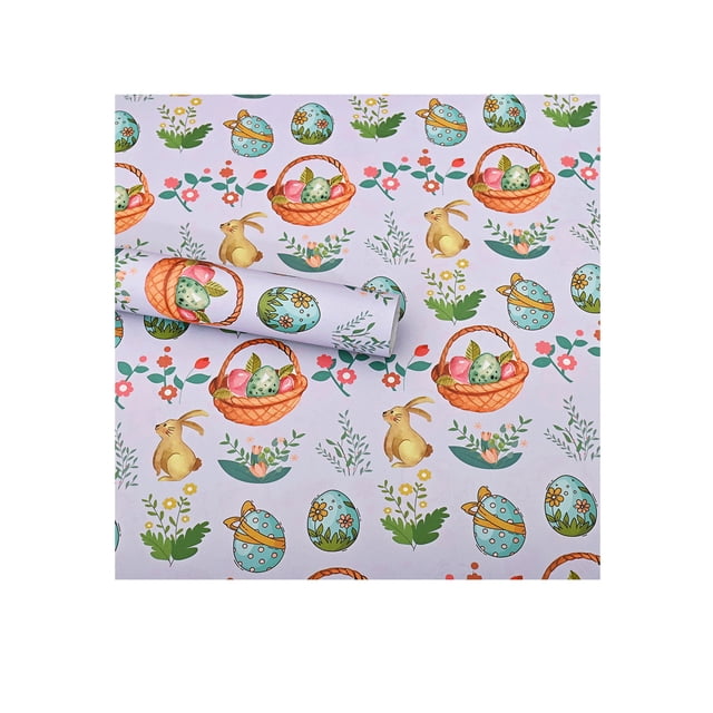 D 28X20 Inch Easter Gift Wrapping Paper With Bunny Egg And Flower Print For Holiday Present Packaging Spring Party Decoration Diy Crafts