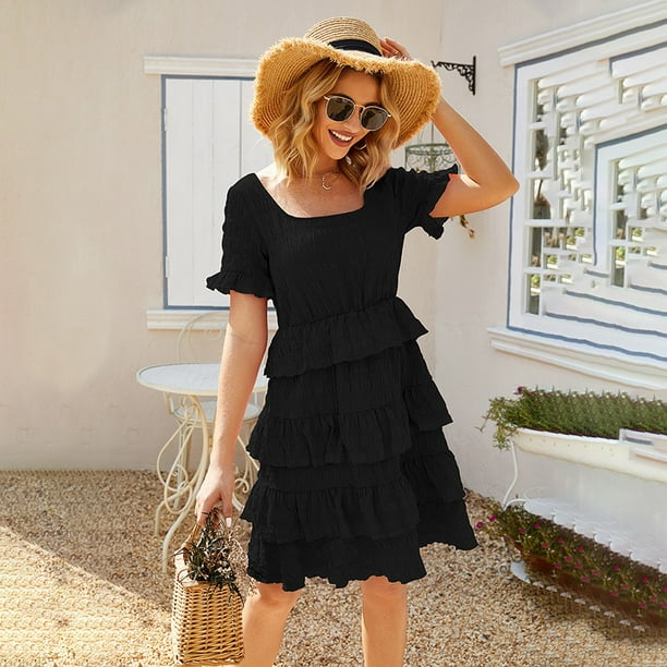 Download Anself Summer Fashion Women Dress Layered Ruffles Solid Color Square Neck Butterfly Sleeve High Waist Holiday Mini Dress Walmart Com Walmart Com