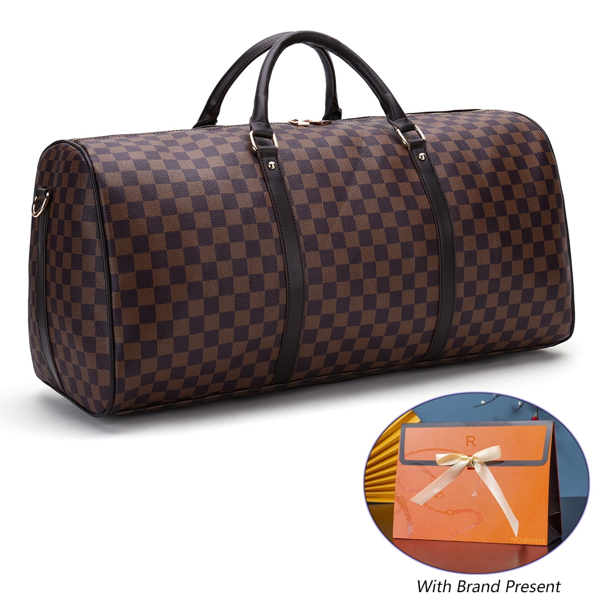 GOWELL Checkered Tote Shoulder Bag Travel Weekender Overnight Duffel Bag PU Vegan Leather brown